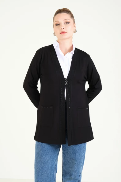 Kadın Üç Düğmeli Penye Hırka Siyah - 3