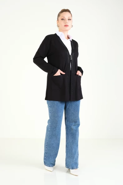 Kadın Üç Düğmeli Penye Hırka Siyah - 5