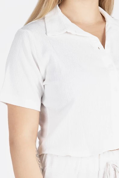 Kadın Kısa Kol Crop Gömlek Ekru - 6