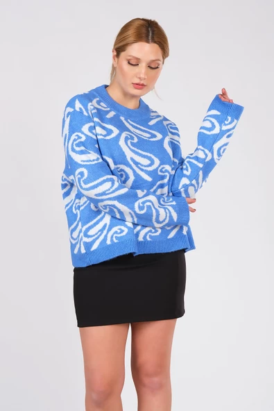 Kadın Oversize Triko Kazak Mavi - 3