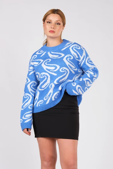 Kadın Oversize Triko Kazak Mavi - 2