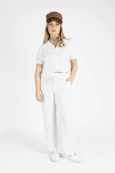 Kadın Kısa Kol Crop Gömlek Ekru - 3