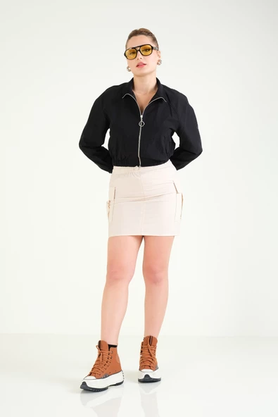 Kadın Paraşüt Crop Mont Siyah - 5