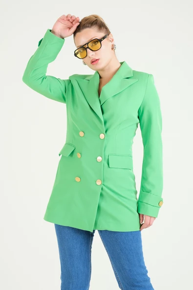 Kadın Düğme Detaylı Kruvaze Ceket Yeşil