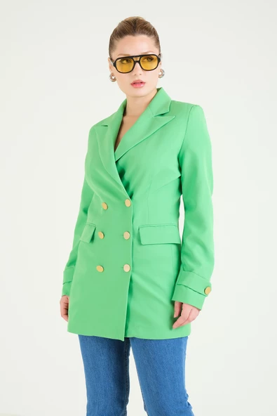 Kadın Düğme Detaylı Kruvaze Ceket Yeşil - 2