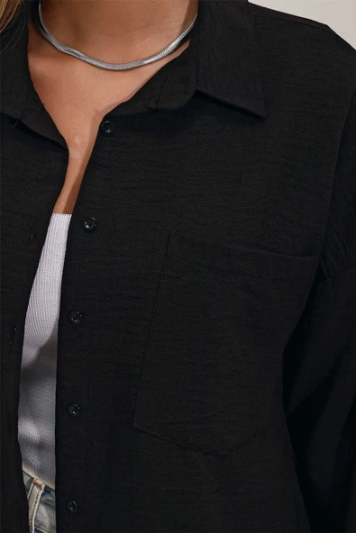 Kadın Tek Cepli Oversize Gömlek Siyah - 4
