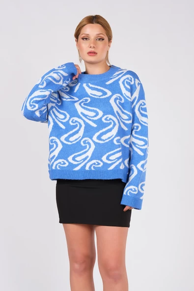 Kadın Oversize Triko Kazak Mavi - 4