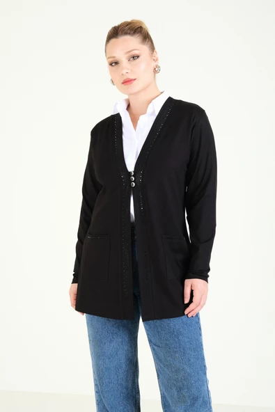 Kadın Üç Düğmeli Penye Hırka Siyah