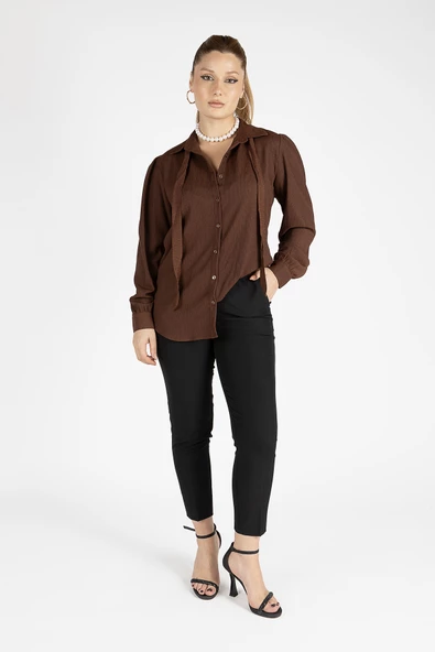 Kadın Bağlamalı Gömlek Kahverengi - 3