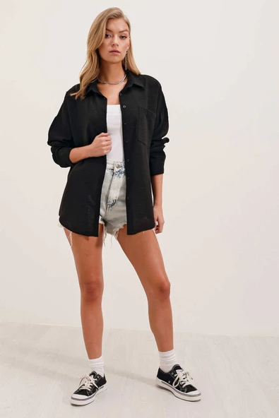 Kadın Tek Cepli Oversize Gömlek Siyah - 2