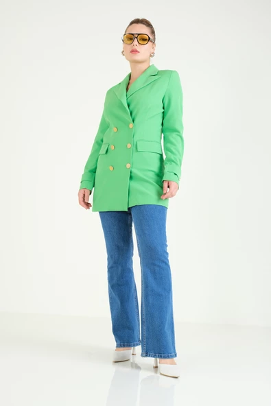Kadın Düğme Detaylı Kruvaze Ceket Yeşil - 5