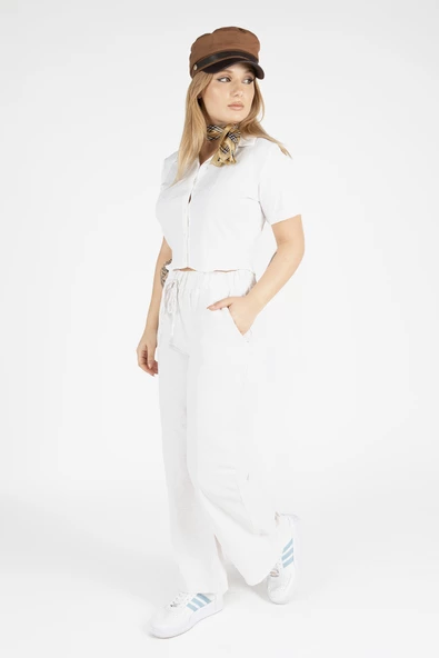 Kadın Kısa Kol Crop Gömlek Ekru - 4