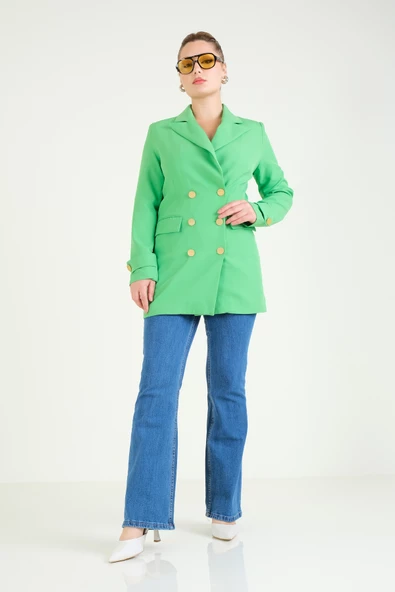 Kadın Düğme Detaylı Kruvaze Ceket Yeşil - 4