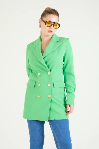 Kadın Düğme Detaylı Kruvaze Ceket Yeşil - 3
