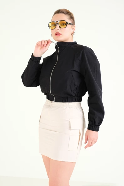 Kadın Paraşüt Crop Mont Siyah - 2