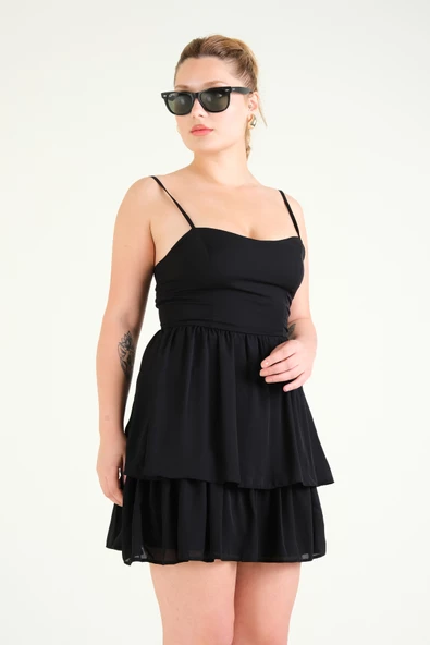 Kadın Aslıkı Fırfırlı Kısa  Elbise Siyah - 6