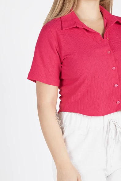 Kadın Kısa Kol Crop Gömlek Fuşya - 6