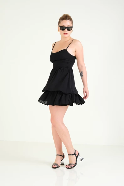 Kadın Aslıkı Fırfırlı Kısa  Elbise Siyah - 2