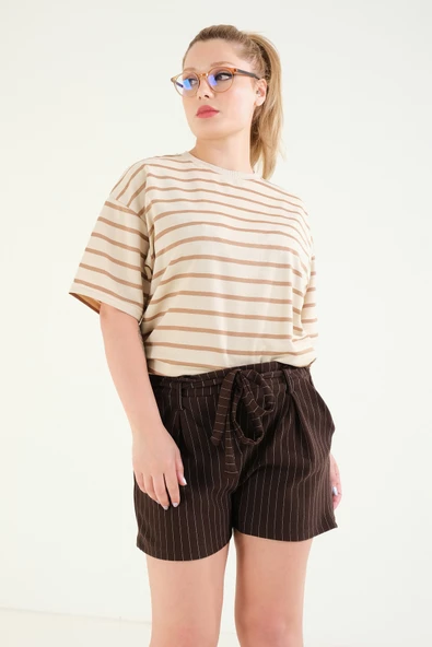 Kadın Çizgili Oversize T-Shirt Vizon - 5