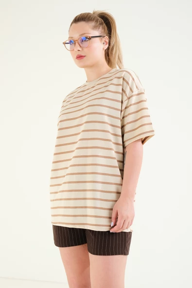 Kadın Çizgili Oversize T-Shirt Vizon - 2