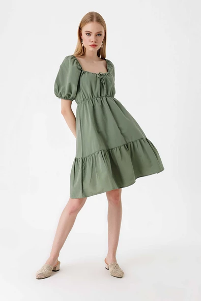 Kadın Balon Kol Kare Yaka Elbise Haki - 2