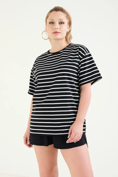 Kadın Çizgili Oversize T-Shirt Beyaz - 4
