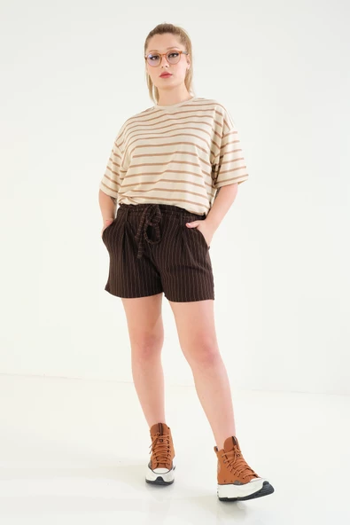 Kadın Çizgili Oversize T-Shirt Vizon - 3