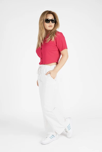 Kadın Kısa Kol Crop Gömlek Fuşya - 2