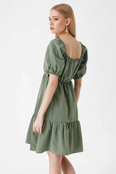 Kadın Balon Kol Kare Yaka Elbise Haki - 5