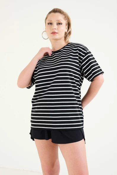 Kadın Çizgili Oversize T-Shirt Beyaz - 3