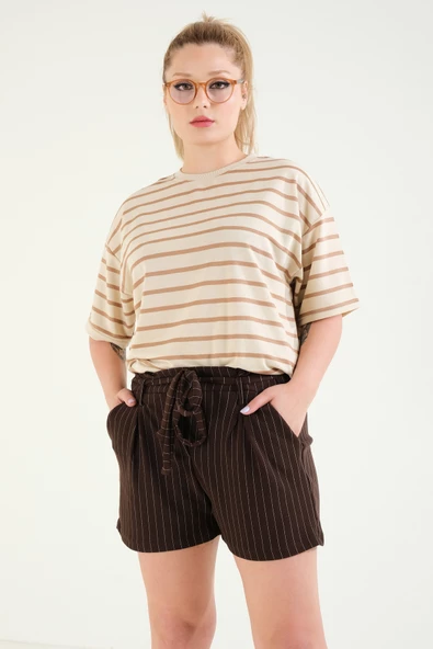 Kadın Çizgili Oversize T-Shirt Vizon - 4