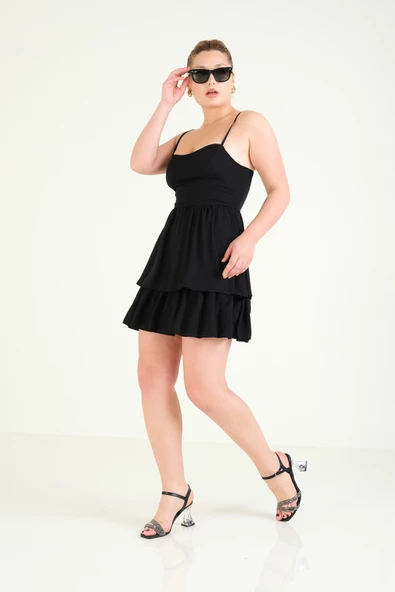 Kadın Aslıkı Fırfırlı Kısa  Elbise Siyah