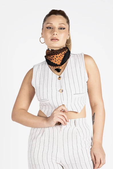 Kadın Çizgili Yelekli Takım Ekru - 5