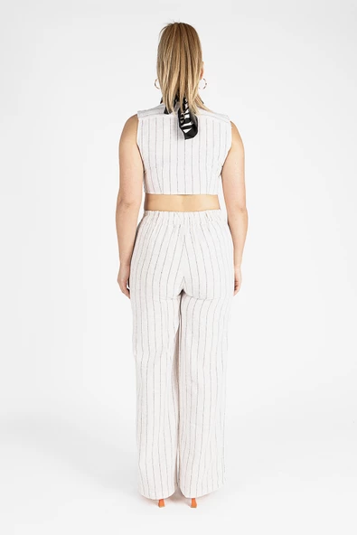 Kadın Çizgili Yelekli Takım Ekru - 3