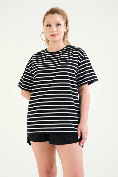 Kadın Çizgili Oversize T-Shirt Beyaz - 2