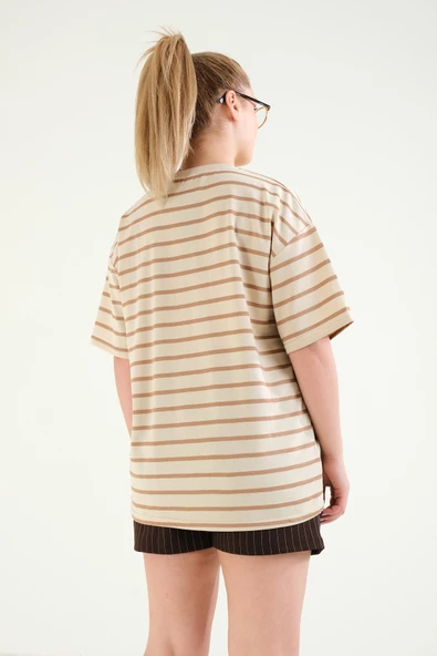 Kadın Çizgili Oversize T-Shirt Vizon - 6