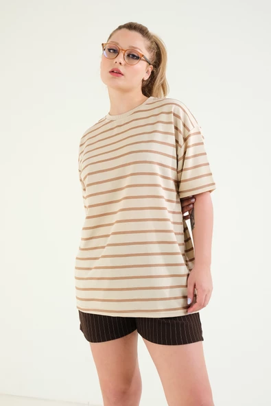 Kadın Çizgili Oversize T-Shirt Vizon