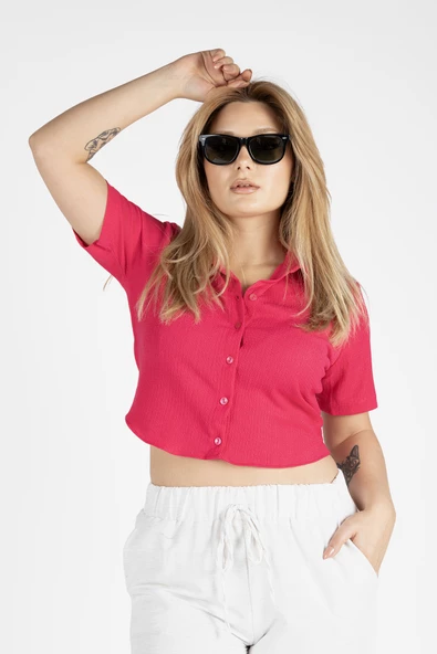Kadın Kısa Kol Crop Gömlek Fuşya - 3