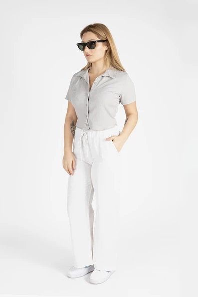 Kadın Kısa Kol Crop Gömlek Gri - 2