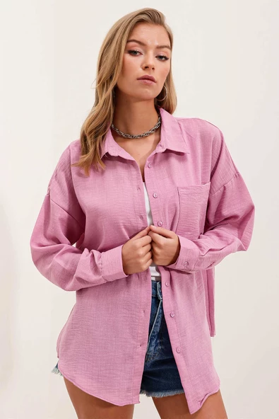 Kadın Tek Cepli Oversize Gömlek Pembe - 3