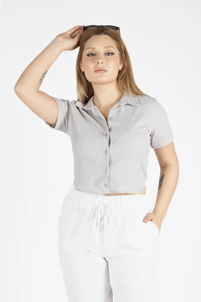 Kadın Kısa Kol Crop Gömlek Gri - 4