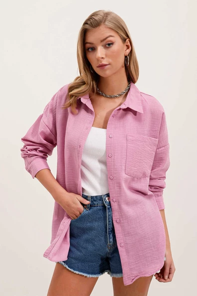Kadın Tek Cepli Oversize Gömlek Pembe - 2