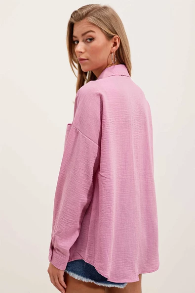 Kadın Tek Cepli Oversize Gömlek Pembe - 5