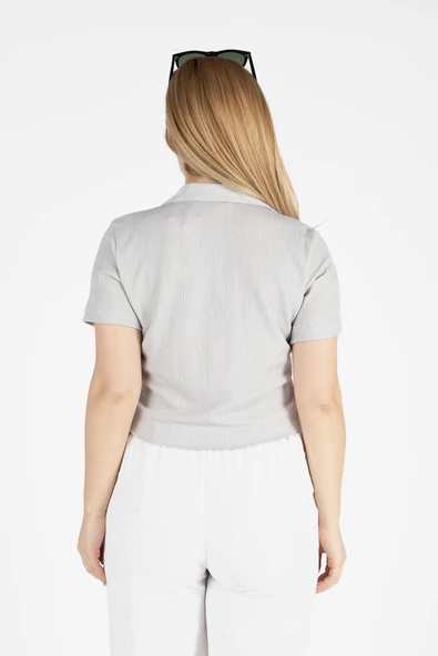 Kadın Kısa Kol Crop Gömlek Gri - 5
