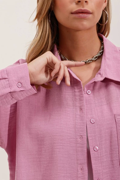 Kadın Tek Cepli Oversize Gömlek Pembe - 4