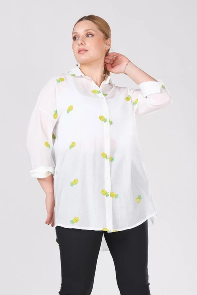 Kadın Ananas İşlemeli Gömlek Ekru