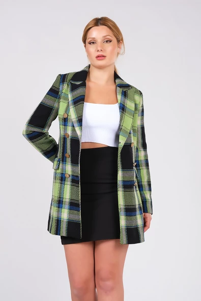 Kadın Metal Düğme Detay Ekose Desenli Ceket Yeşil - 2