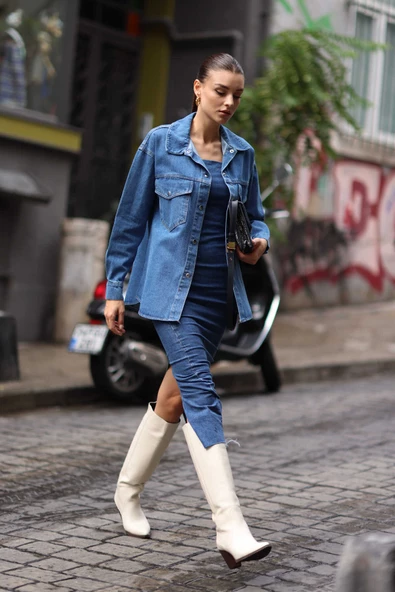 Kadın Çift Cep Oversize Kot Ceket Mavi - 5