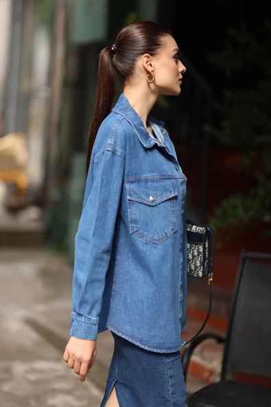 Kadın Çift Cep Oversize Kot Ceket Mavi - 4