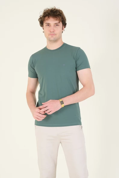 Erkek Sıfır Yaka Basic T-Shirt Yeşil - 3
